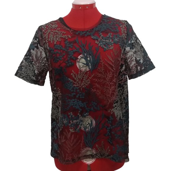 Zara Sheer Black Mesh Embroidered Short Sleeve Blouse W/B Collection Size US M - Picture 1 of 8